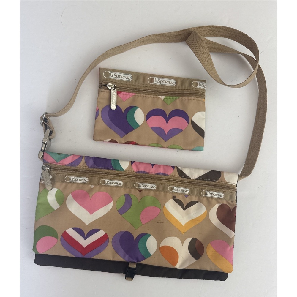 Vtg Le Sportsac Colorful Hearts Deluxe Everyday Shoulder Bag W/ Zipper Pouch Set - Picture 15 of 16